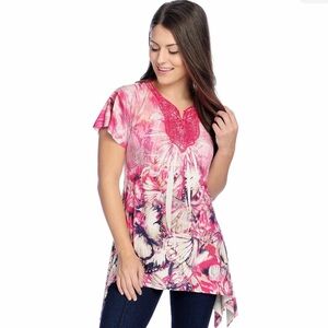 EUC One World Blouse Butterfly Flower Pink Top with Gems Live & Let Live